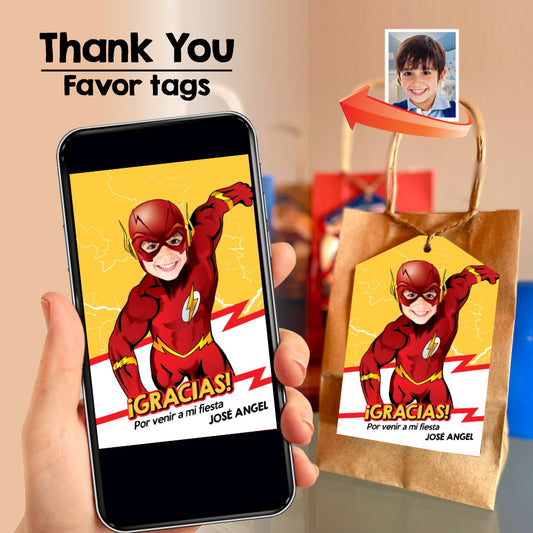 Agradecimiento personalizado con su niño como Flash, Etiquetas para regalos o cotillones fiesta tema Flash. 693TYSP