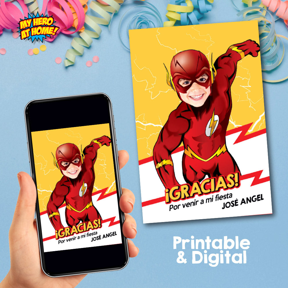 Agradecimiento personalizado con su niño como Flash, Etiquetas para regalos o cotillones fiesta tema Flash. 693TYSP