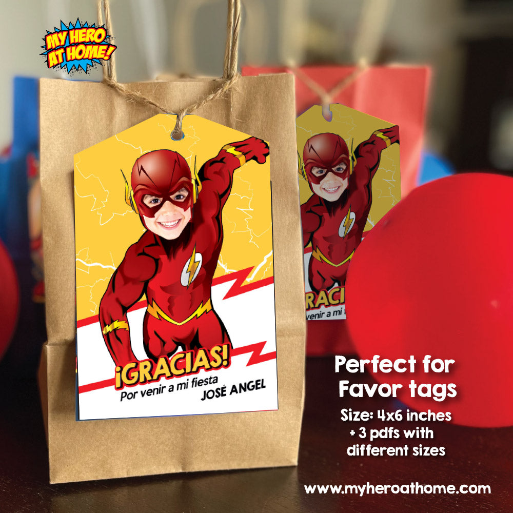 Agradecimiento personalizado con su niño como Flash, Etiquetas para regalos o cotillones fiesta tema Flash. 693TYSP