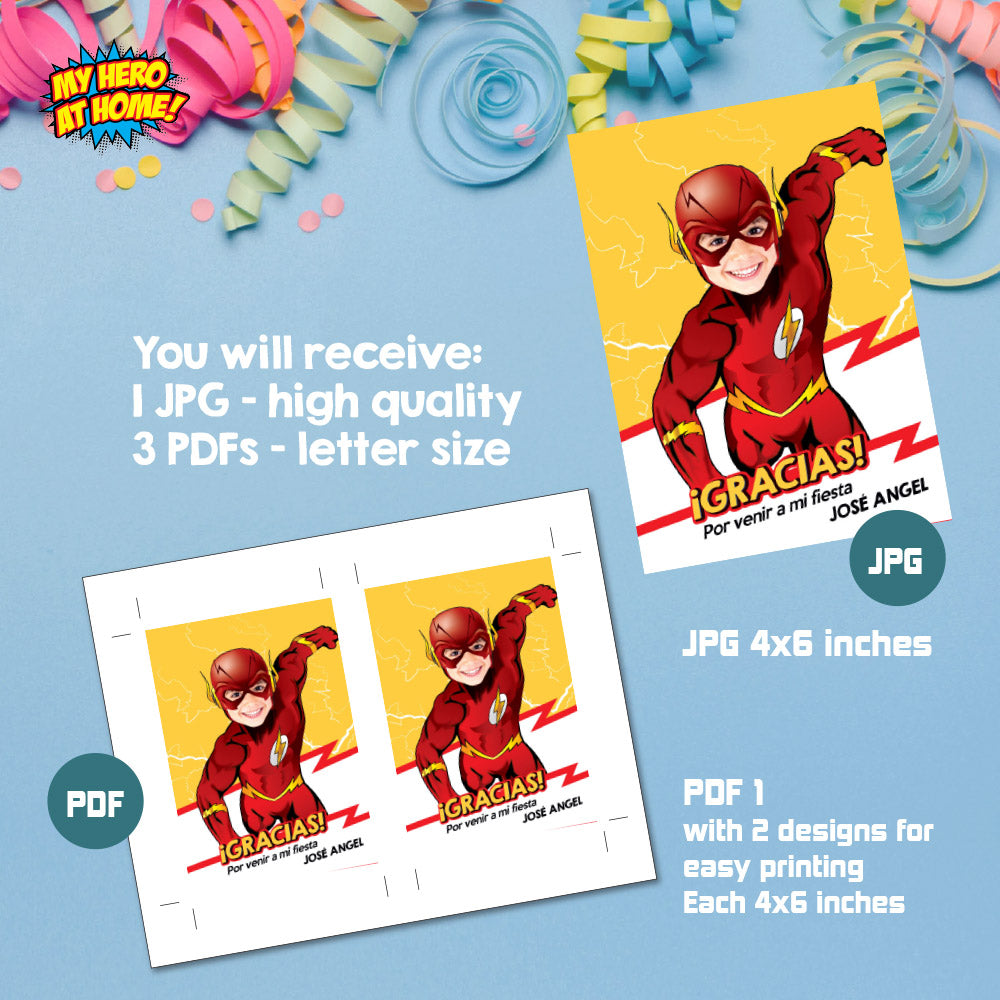 Agradecimiento personalizado con su niño como Flash, Etiquetas para regalos o cotillones fiesta tema Flash. 693TYSP