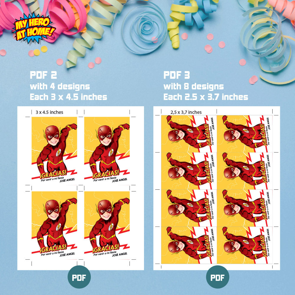 Agradecimiento personalizado con su niño como Flash, Etiquetas para regalos o cotillones fiesta tema Flash. 693TYSP
