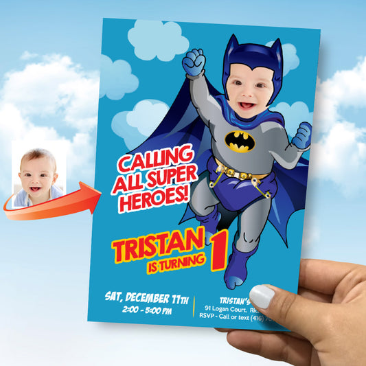Baby Batman Invitation with photo, Baby Batman Party template, Batman 1st Birthday invite. 694IN