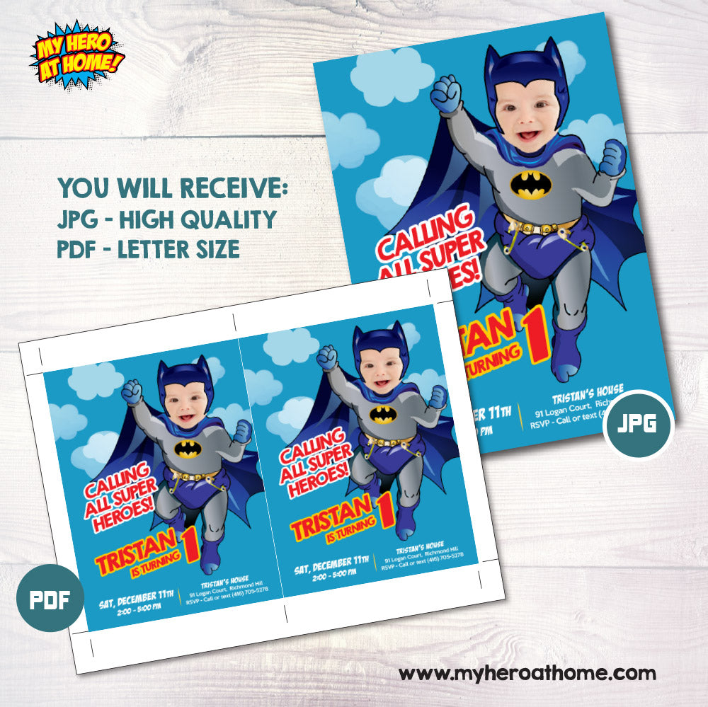 Baby Batman Invitation with photo, Baby Batman Party template, Batman 1st Birthday invite. 694IN