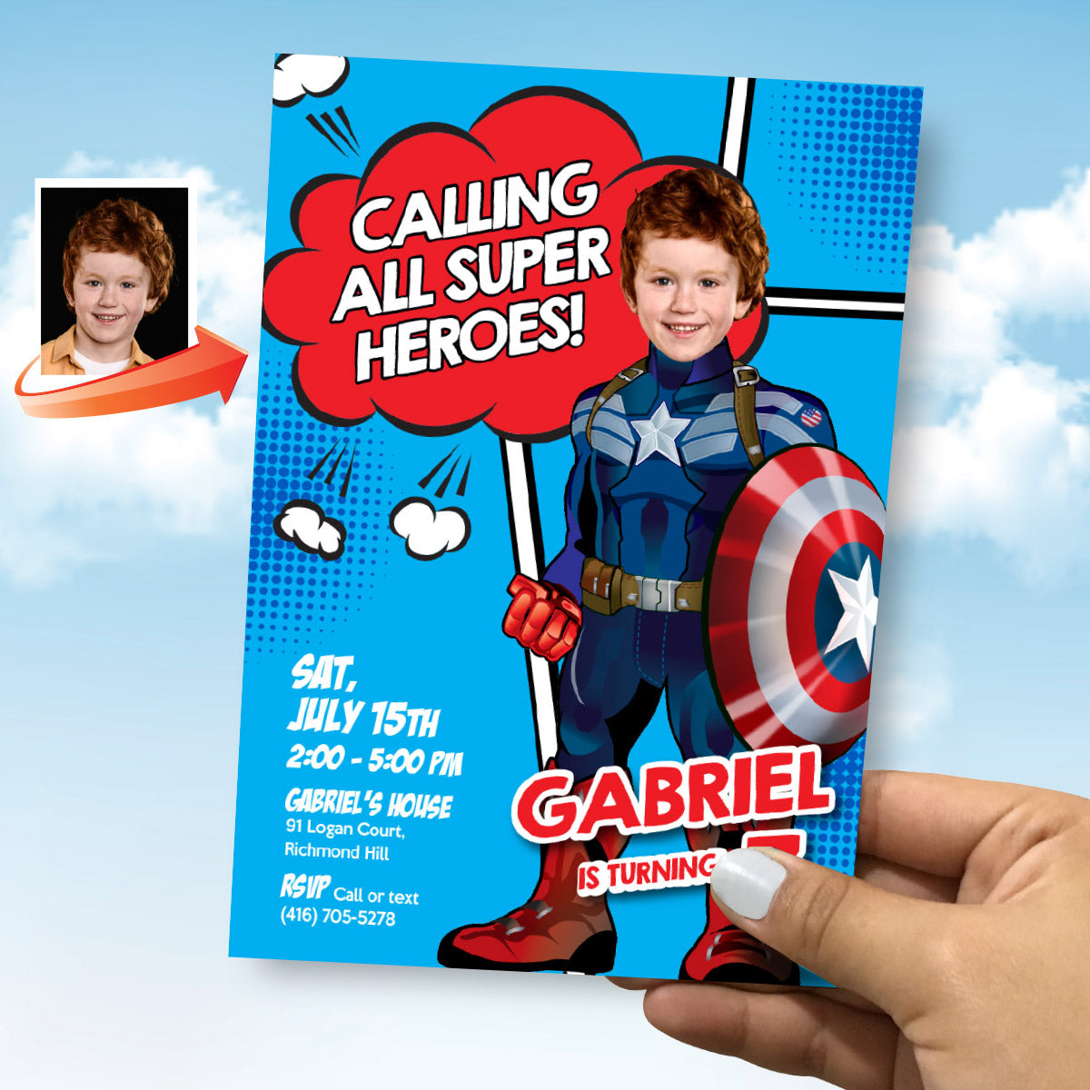 Captain America template Invitation with kid as his favorite superhero (Digital download, Printable). 696IN