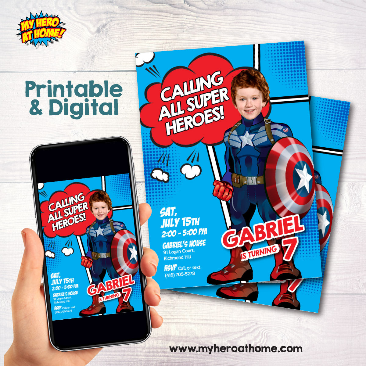 Captain America template Invitation with kid as his favorite superhero (Digital download, Printable). 696IN