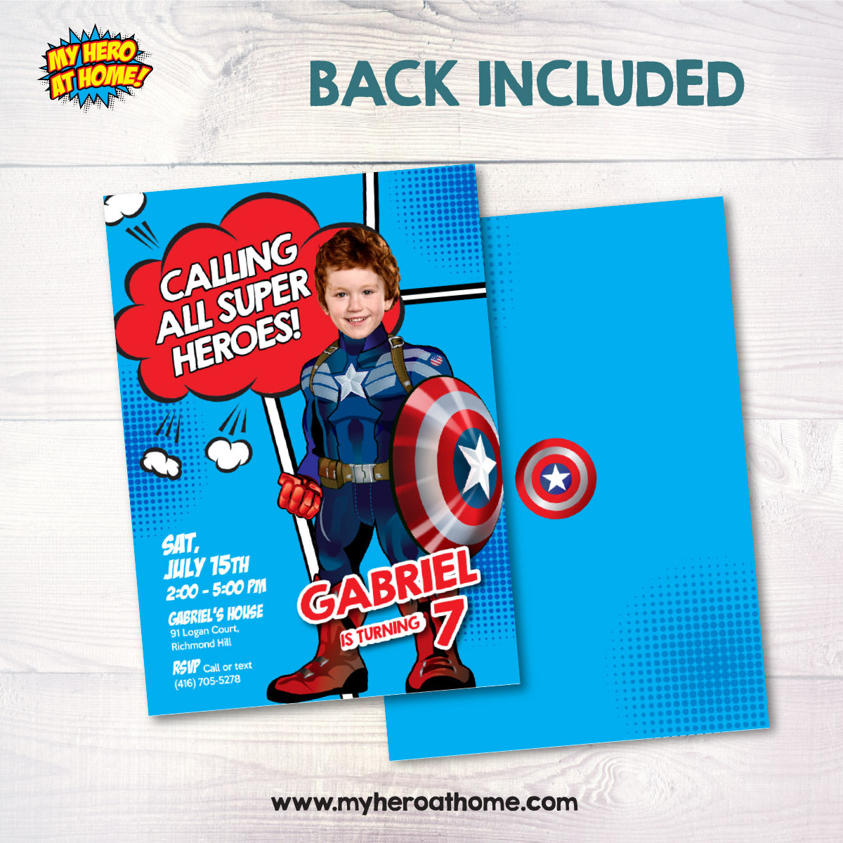 Captain America template Invitation with kid as his favorite superhero (Digital download, Printable). 696IN