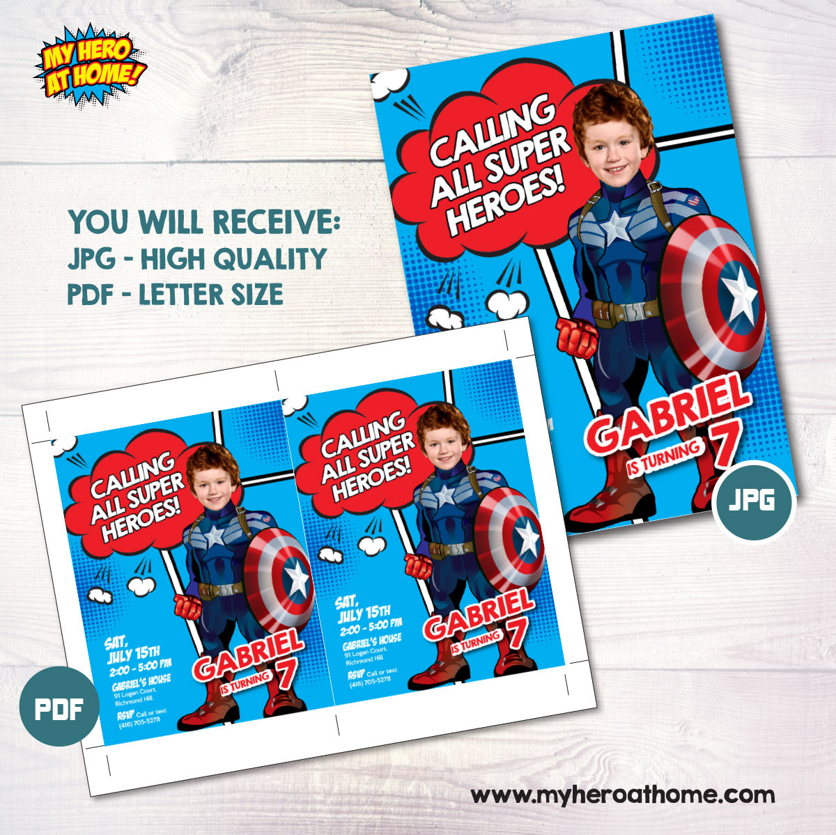 Captain America template Invitation with kid as his favorite superhero (Digital download, Printable). 696IN