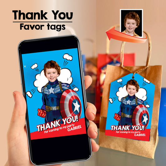 Personalized Captain America thank you with kid's photo, Capt America favors tags. 696TY