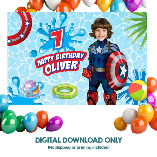 Captain America Pool Party Banner Backdrop with birthday boy as Capt America. 697BB