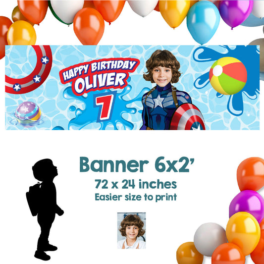 Captain America Pool Party Horizontal Banner customized with your kid as Captain America (6x2', Landscape). 697BBH