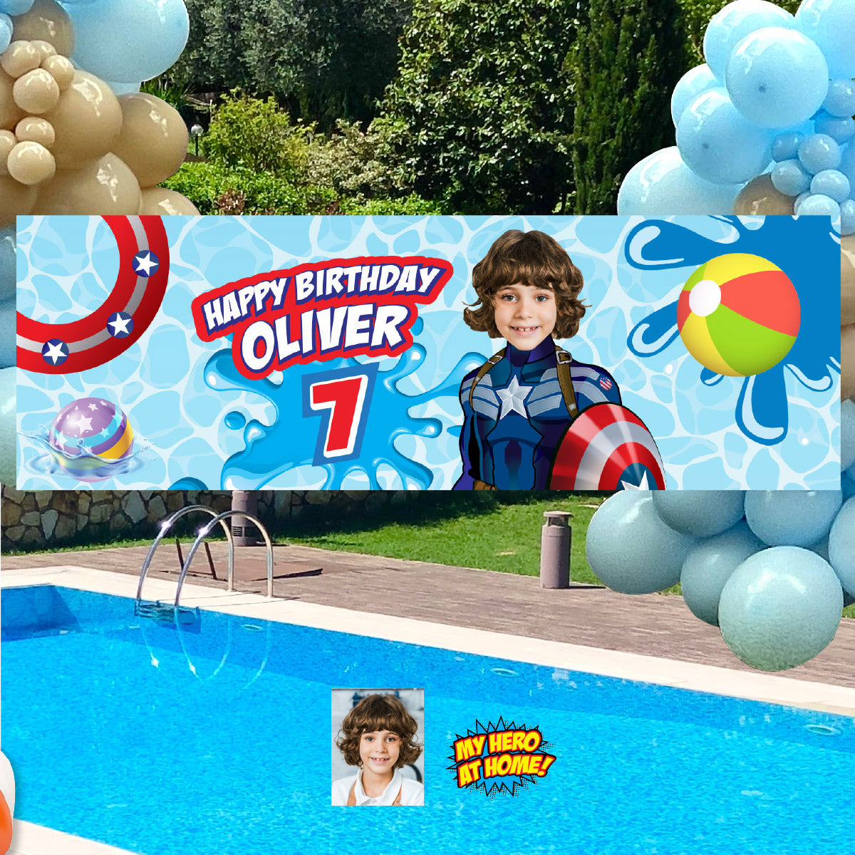 Captain America Pool Party Horizontal Banner customized with your kid as Captain America (6x2', Landscape). 697BBH