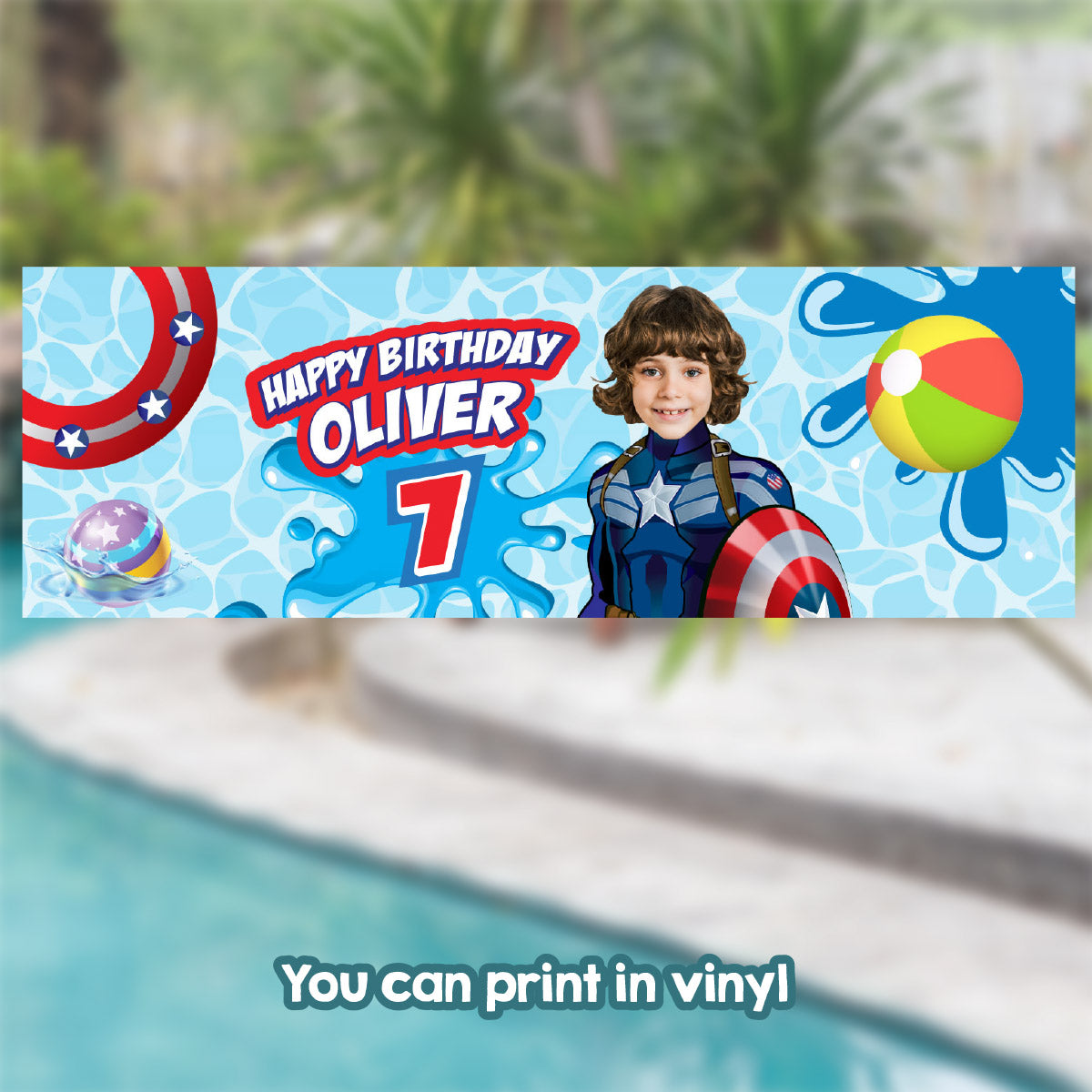 Captain America Pool Party Horizontal Banner customized with your kid as Captain America (6x2', Landscape). 697BBH