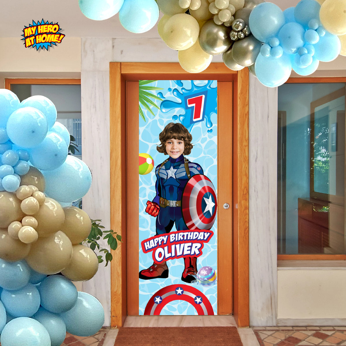 Captain America pool party vertical banner with birthday kid as favorite Avenger (Portrait, Roll up banner). 697BBV
