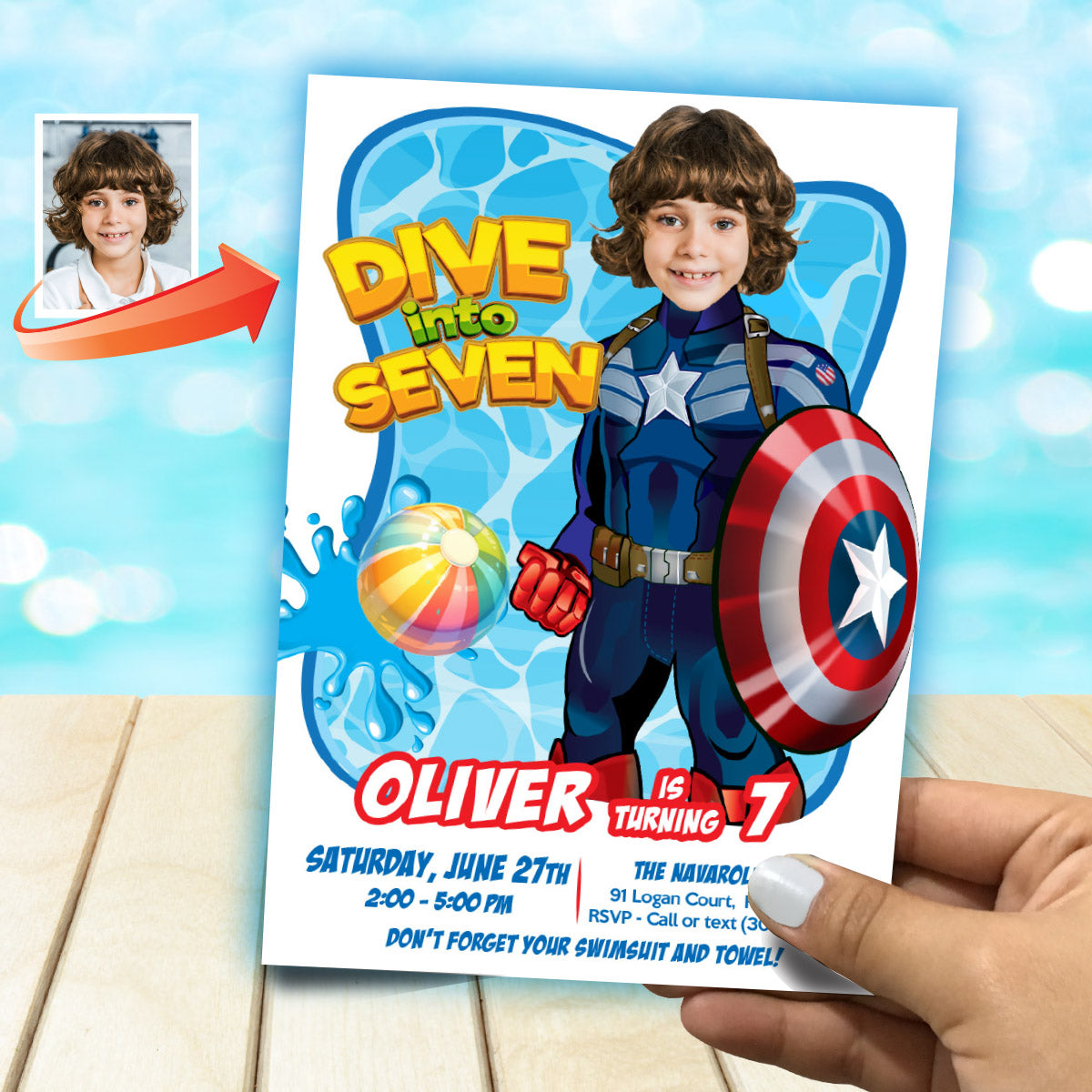 Personalized Captain America Dive into Age Pool Party with photo. 697BIN