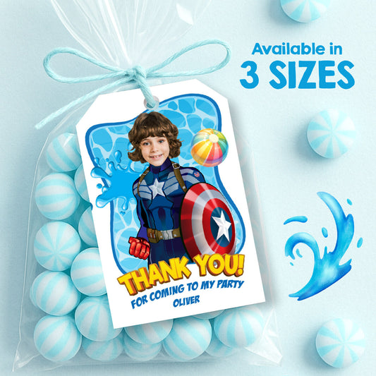 Custom Capt America Pool party Favor tags and Thank you with photo. 697BTY