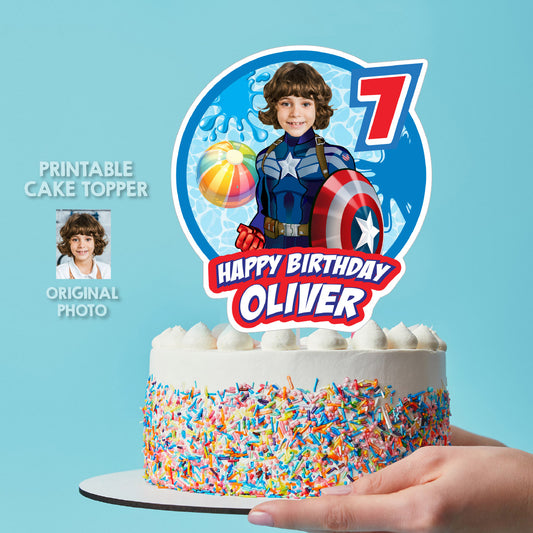 Captain America Pool Party Cake topper with Photo, Superhero splash birthday cake. 697CT1