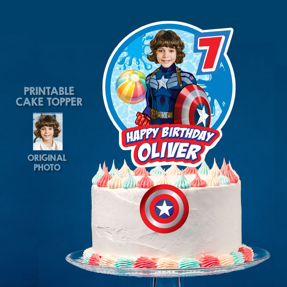 Captain America Pool Party Cake topper with Photo, Superhero splash birthday cake. 697CT1