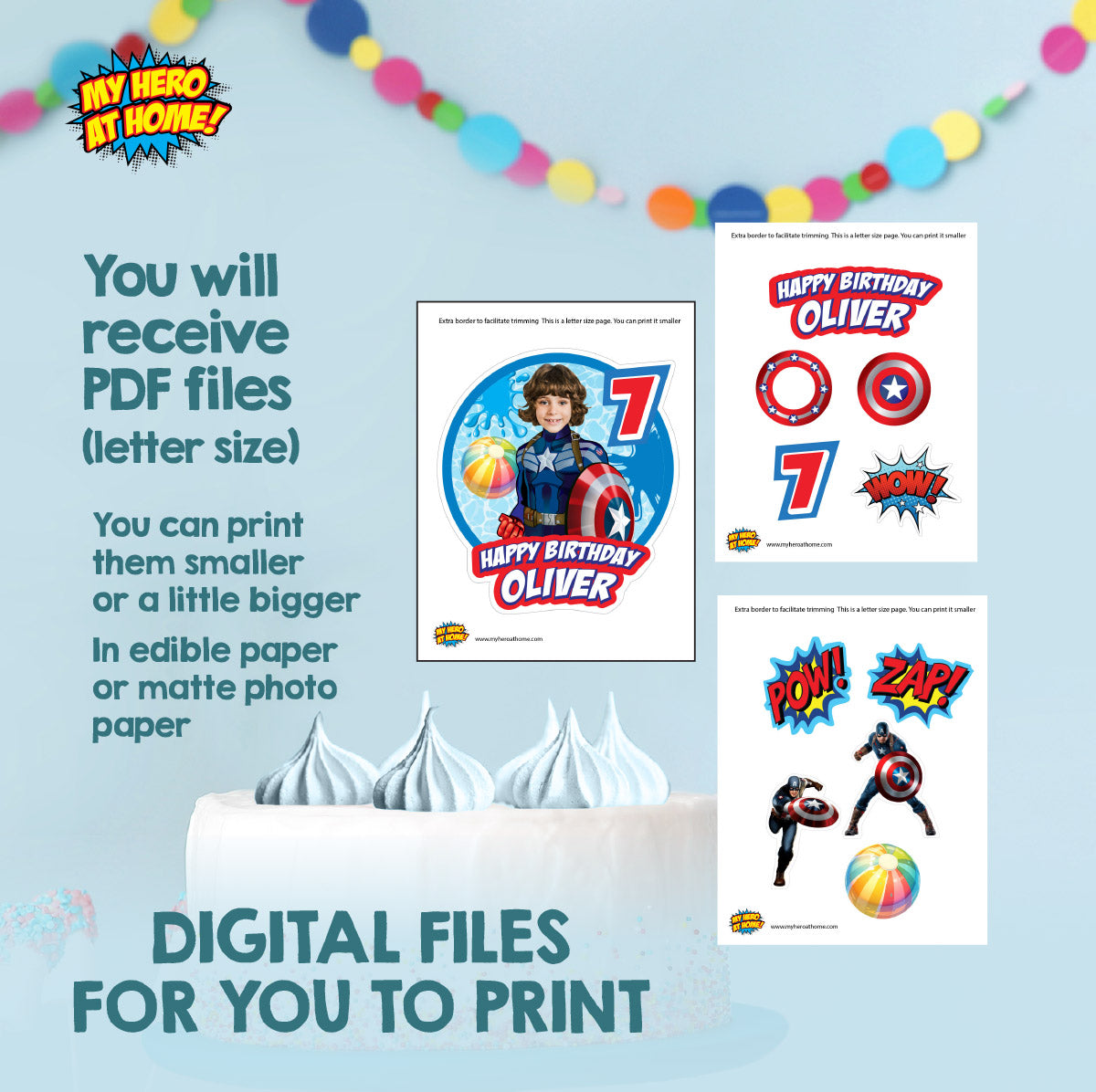 Captain America Pool Party Cake topper with Photo, Superhero splash birthday cake. 697CT1