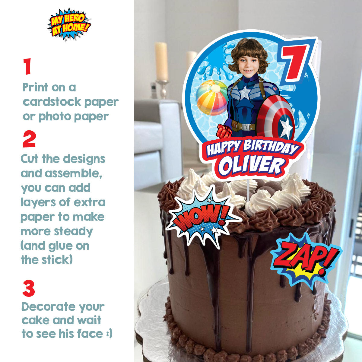 Captain America Pool Party Cake topper with Photo, Superhero splash birthday cake. 697CT1