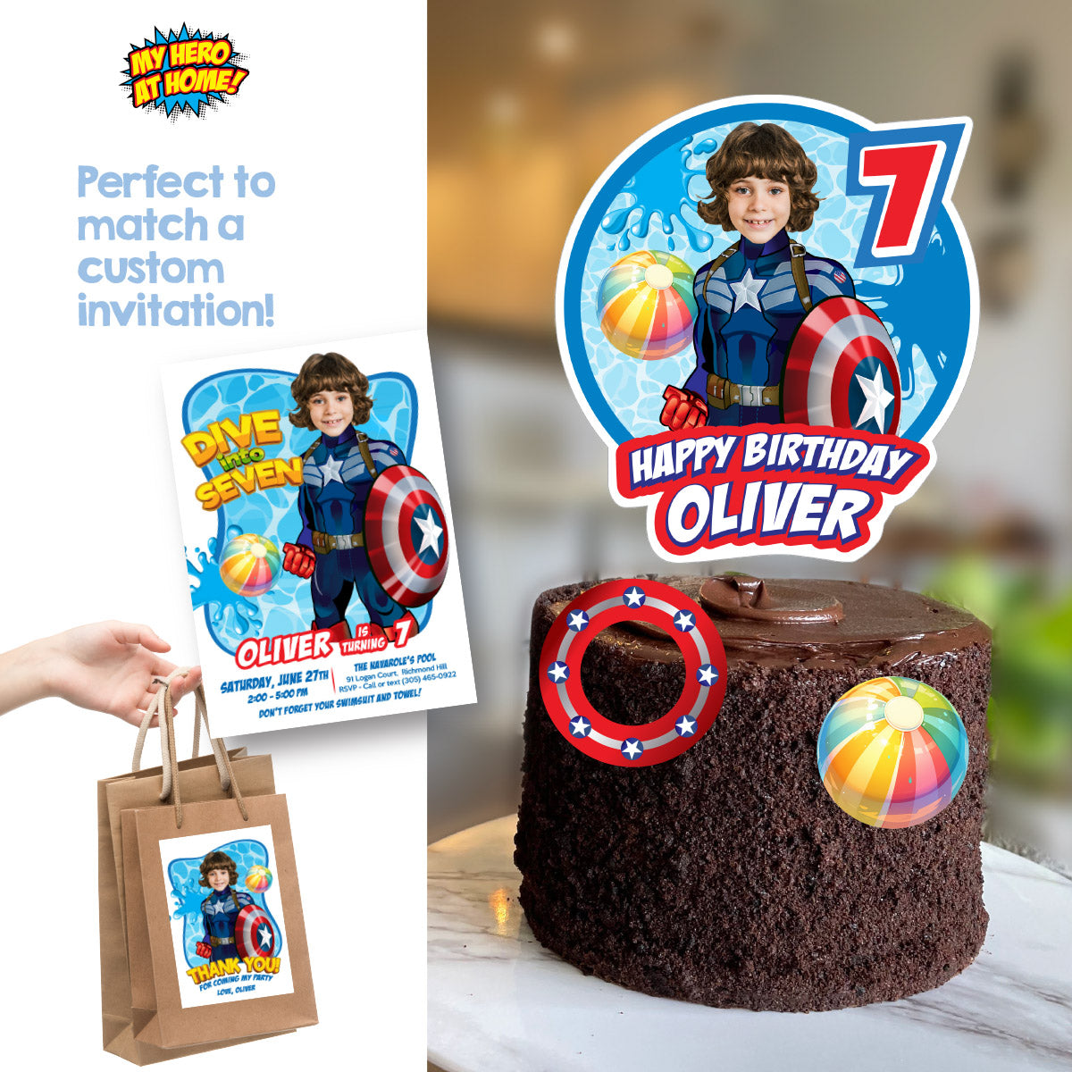 Captain America Pool Party Cake topper with Photo, Superhero splash birthday cake. 697CT1