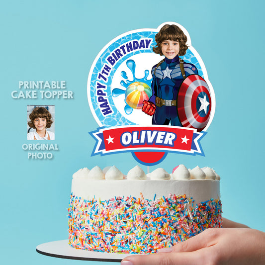 Pool Party Captain America Cake topper with Photo, Capt America DIY birthday cake. 697CT2
