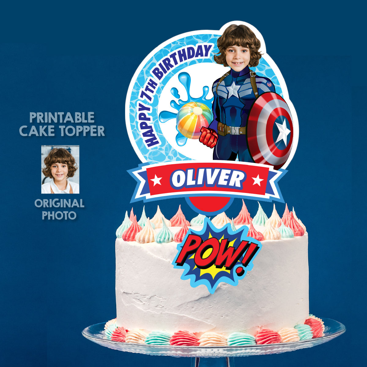 Pool Party Captain America Cake topper with Photo, Capt America DIY birthday cake. 697CT2