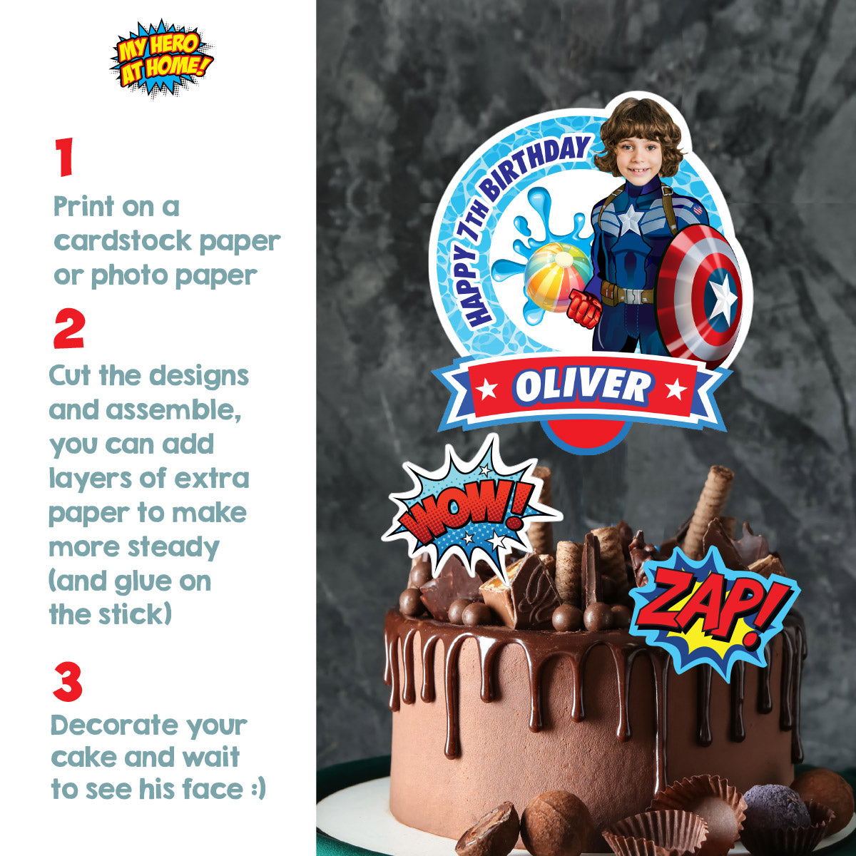 Pool Party Captain America Cake topper with Photo, Capt America DIY birthday cake. 697CT2