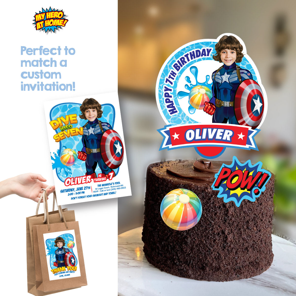 Pool Party Captain America Cake topper with Photo, Capt America DIY birthday cake. 697CT2