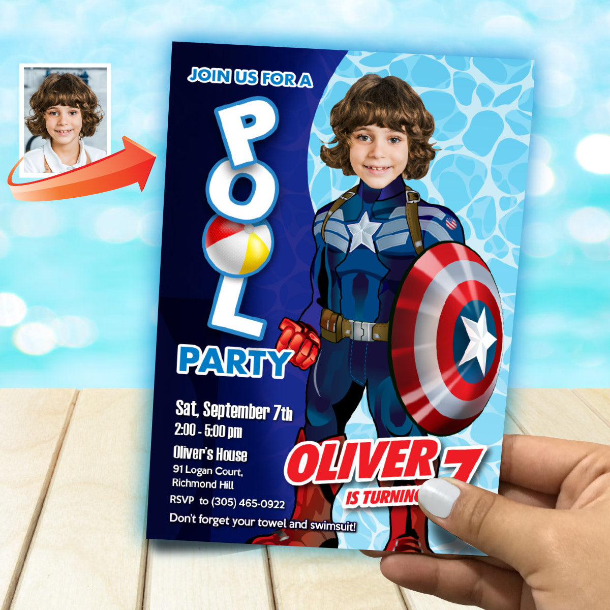 Personalized Captain America Pool Party Invite with kid as the star (Digital) 697IN