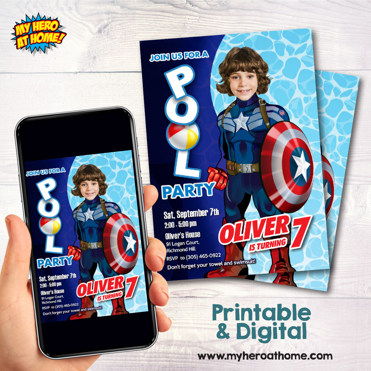 Personalized Captain America Pool Party Invite with kid as the star (Digital) 697IN