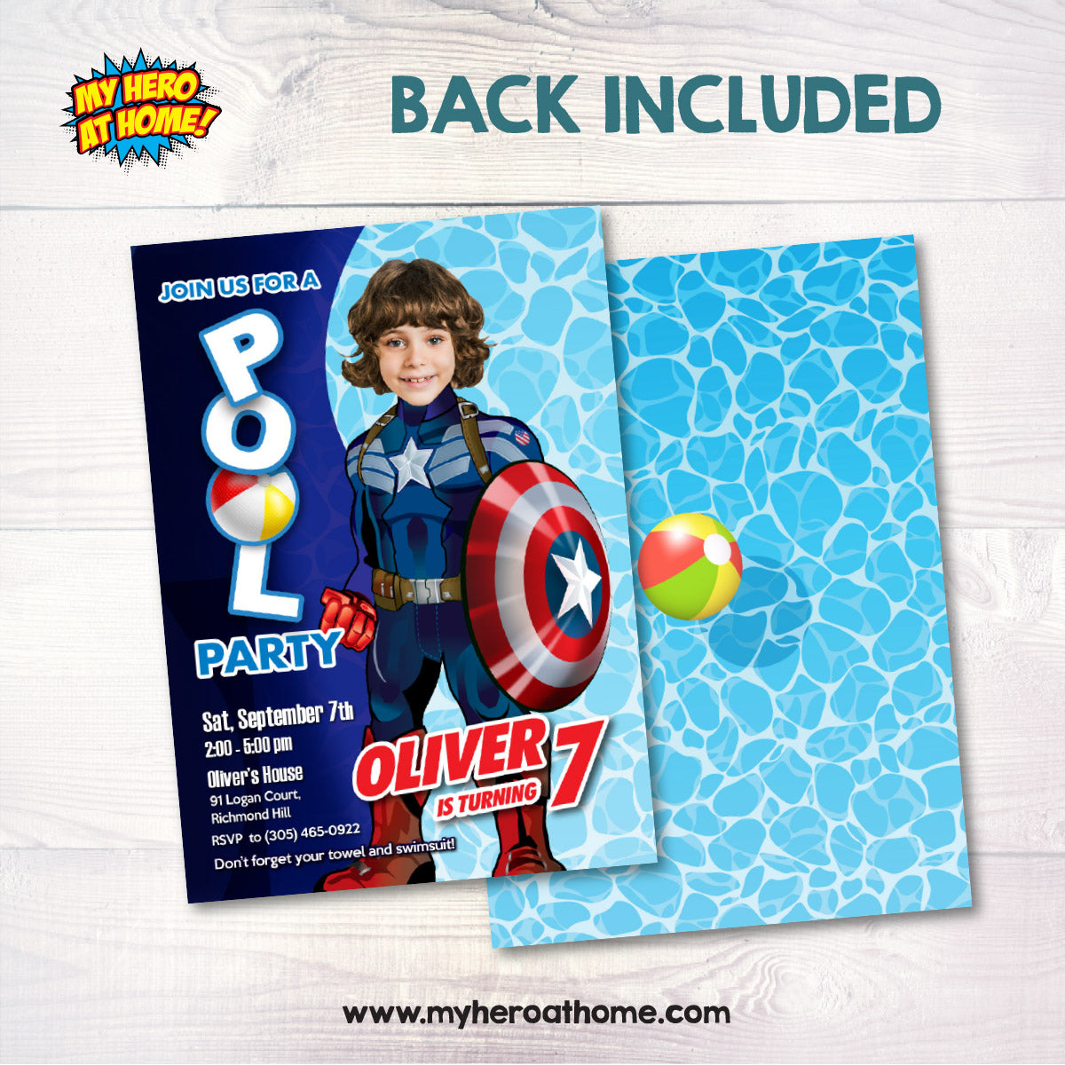 Personalized Captain America Pool Party Invite with kid as the star (Digital) 697IN