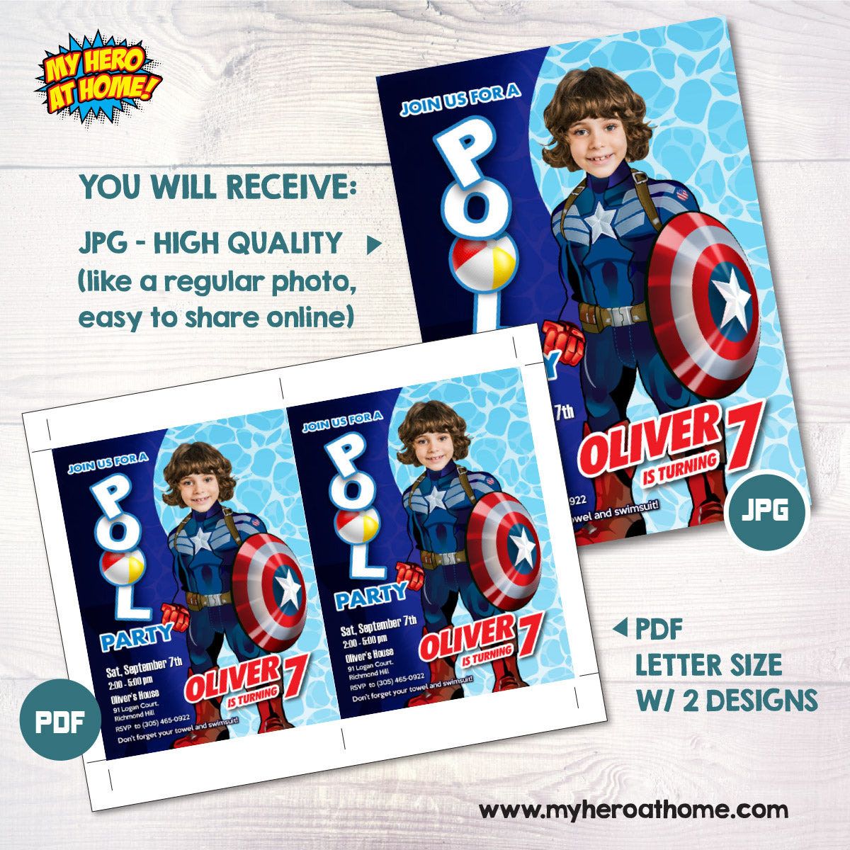 Personalized Captain America Pool Party Invite with kid as the star (Digital) 697IN