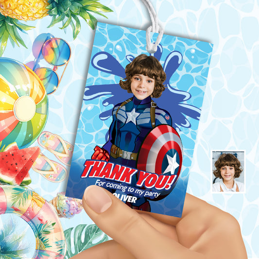 Custom Captain America Pool party Thank you and favor tags with photo. 697TY