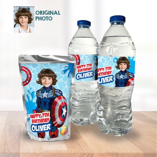 Captain America Pool Party Water Bottle and Juices wrappers with photo. 697WJ
