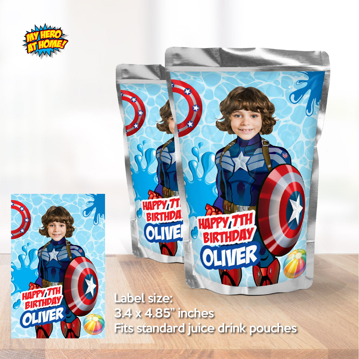 Captain America Pool Party Water Bottle and Juices wrappers with photo. 697WJ