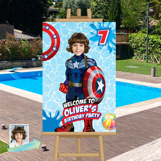 Captain America Pool Party Welcome Sign With Photo, Capt America Splash party Entrance. 697WS