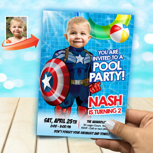 Custom Captain America Pool party Invitation with photo (Waterslide, Splash). 698IN