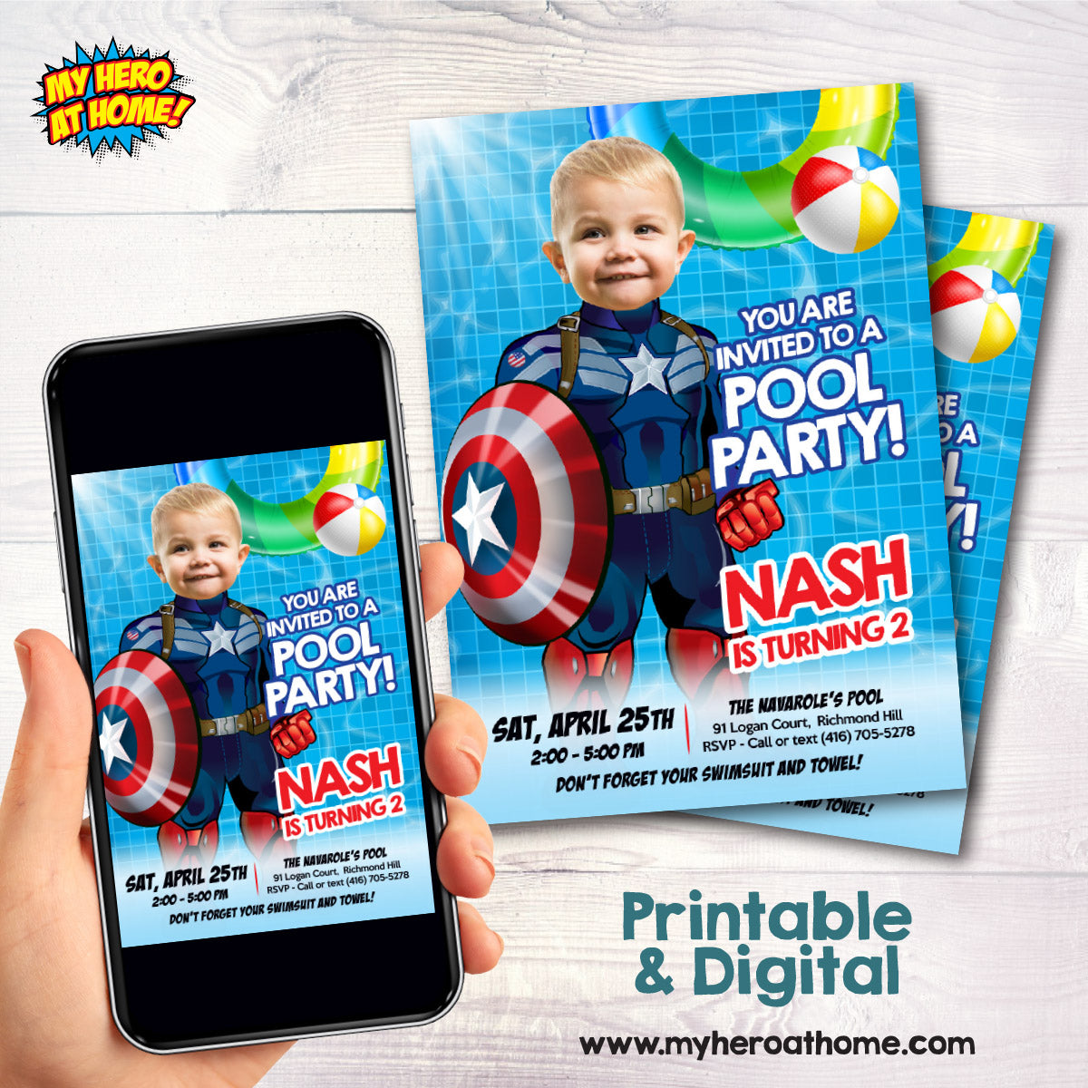 Custom Captain America Pool party Invitation with photo (Waterslide, Splash). 698IN
