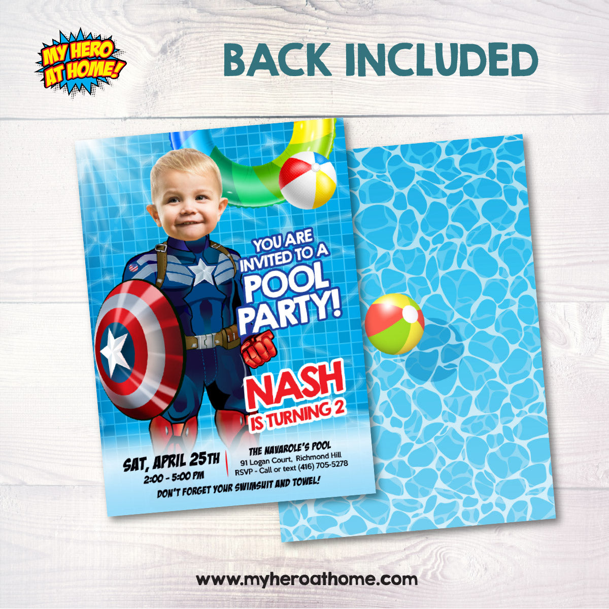Custom Captain America Pool party Invitation with photo (Waterslide, Splash). 698IN