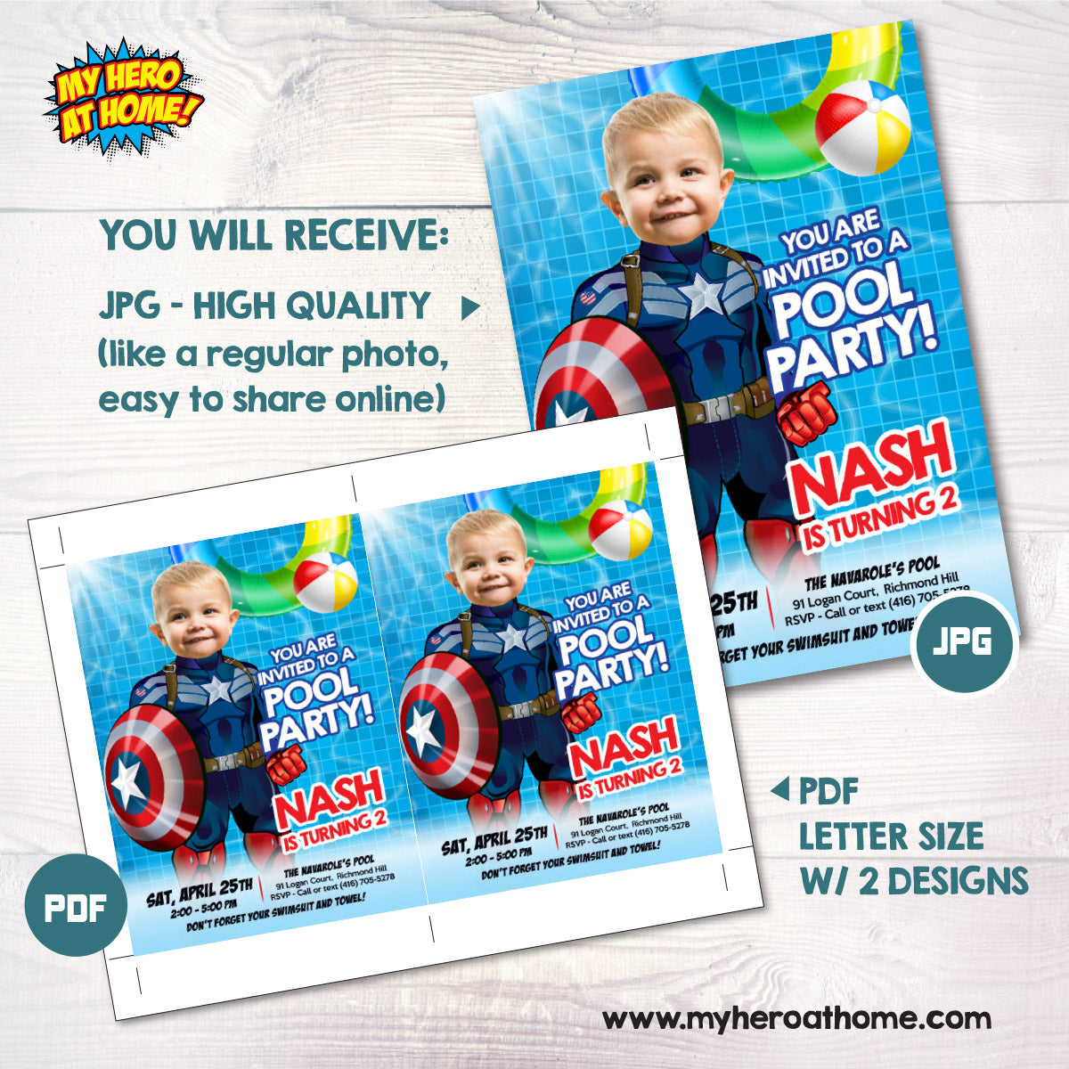 Custom Captain America Pool party Invitation with photo (Waterslide, Splash). 698IN