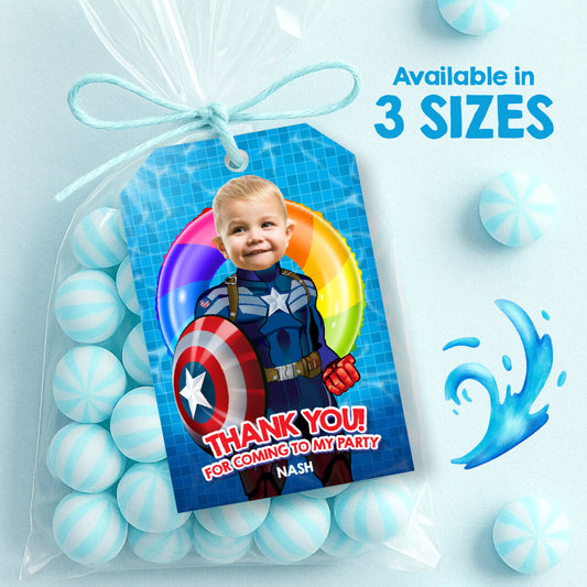 Personalized Baby Capt America Pool party Thank you favor tags with photo. 698TY