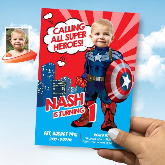Baby Captain America Birthday Invitation, First Birthday Superhero with Photo (Digital, Printable). 699IN