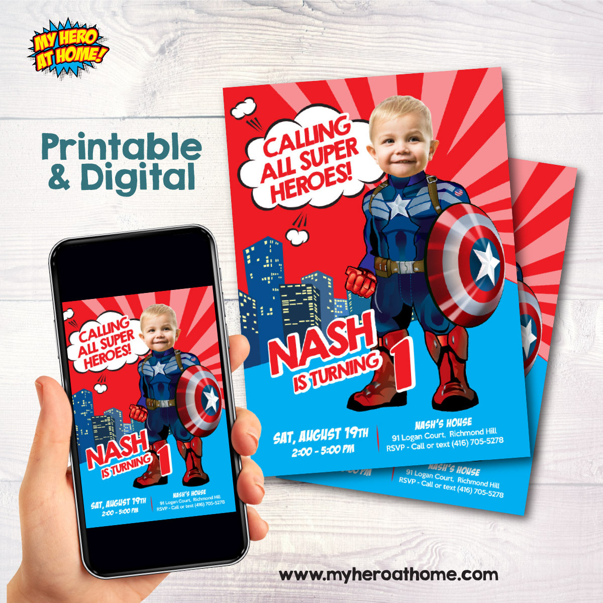 Baby Captain America Birthday Invitation, First Birthday Superhero with Photo (Digital, Printable). 699IN