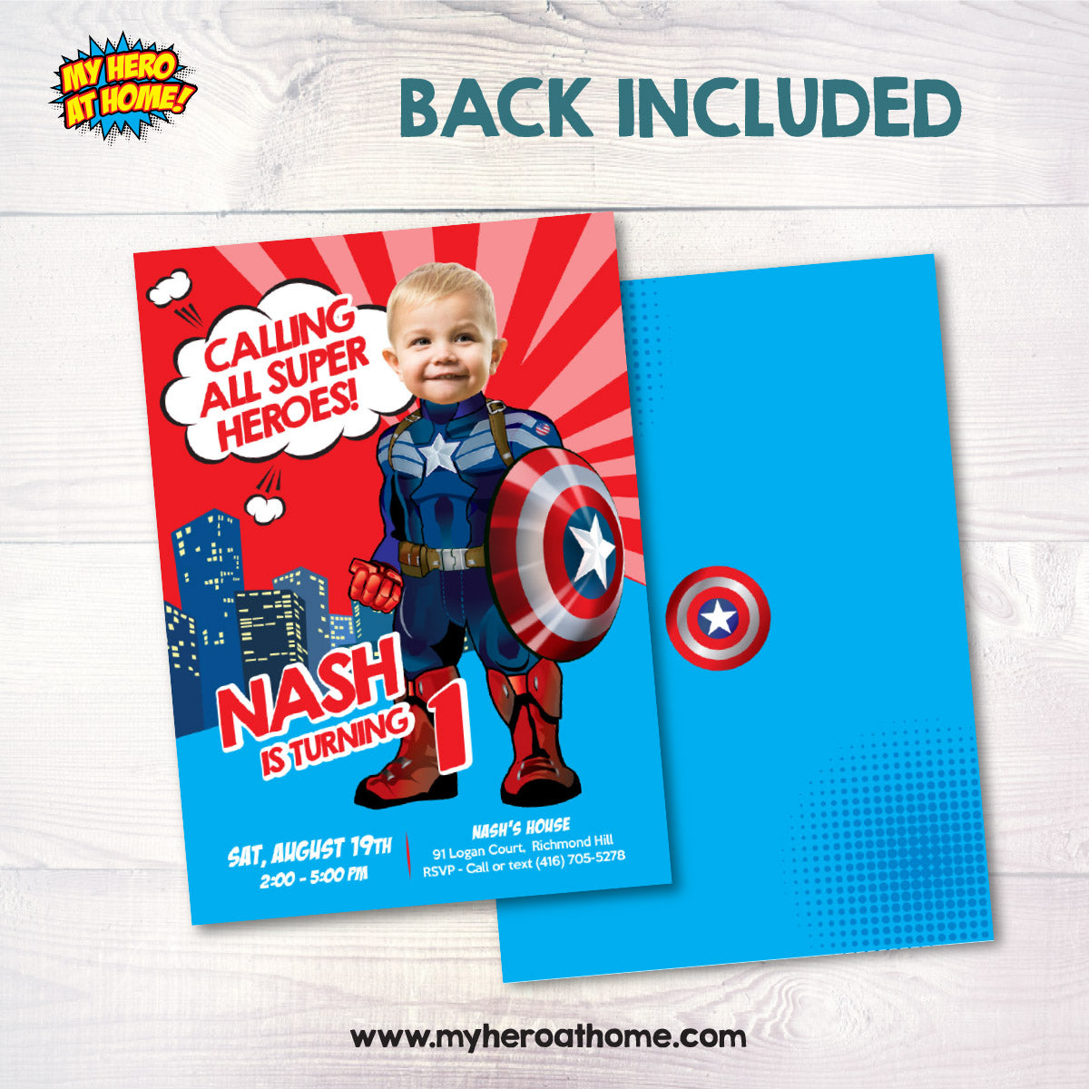 Baby Captain America Birthday Invitation, First Birthday Superhero with Photo (Digital, Printable). 699IN