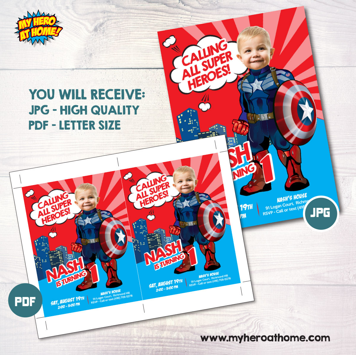Baby Captain America Birthday Invitation, First Birthday Superhero with Photo (Digital, Printable). 699IN