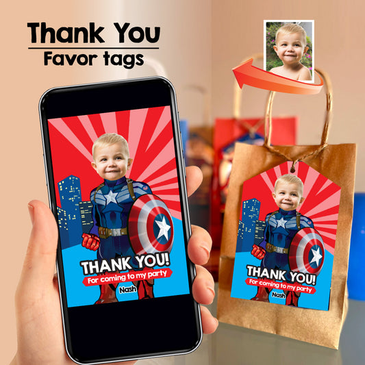 Baby Captain America thank you with baby as the star, Personalized Baby Capt America favors tags. 699TY