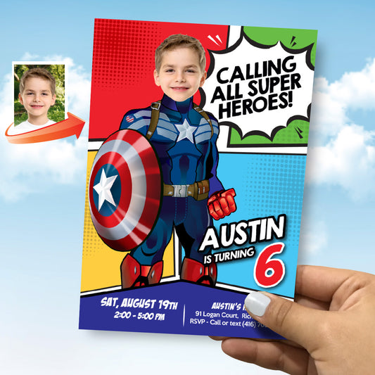 Custom Captain America Birthday Invitation with your kid as the star, Superhero Photo Invite (Digital File). 700IN7