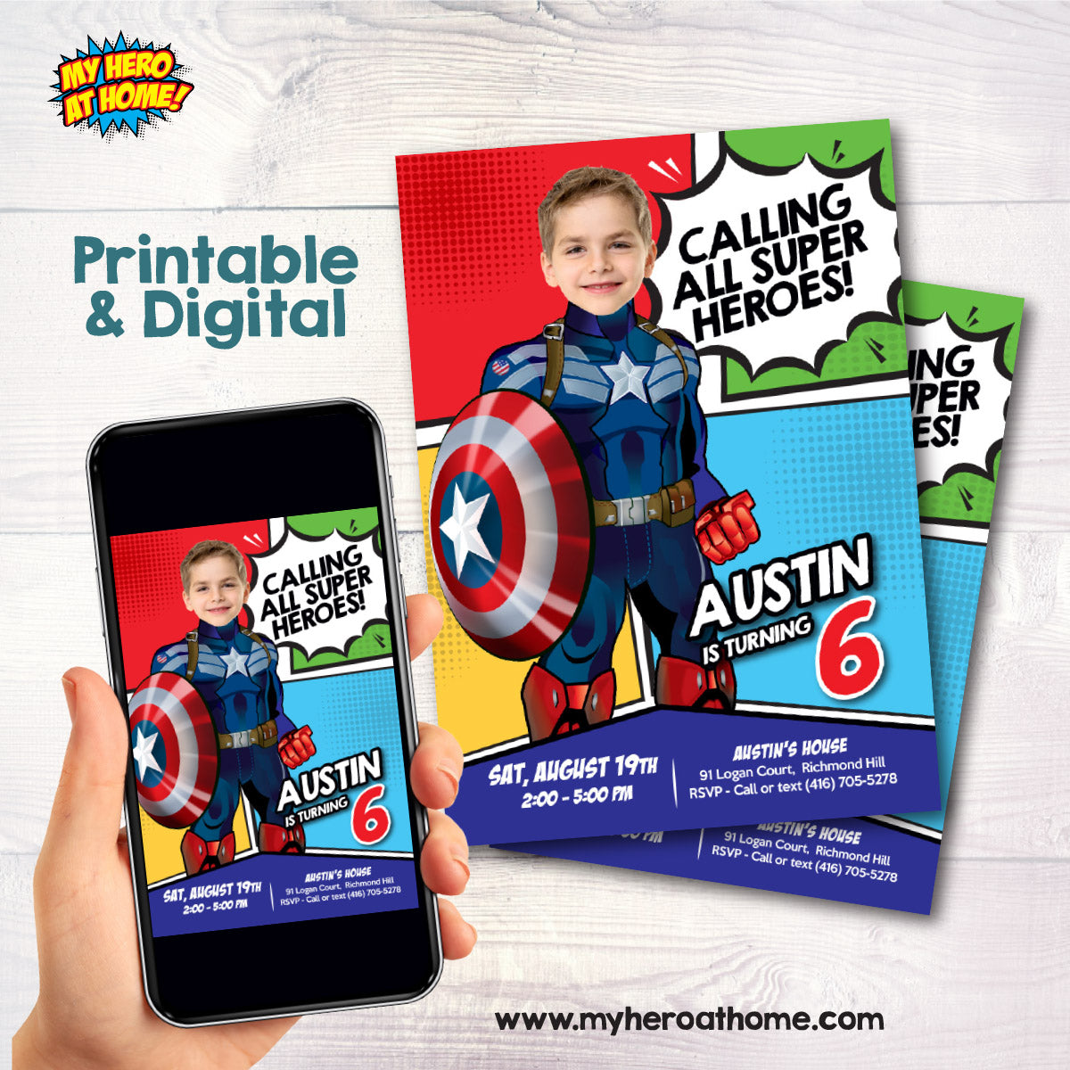 Custom Captain America Birthday Invitation with your kid as the star, Superhero Photo Invite (Digital File). 700IN7