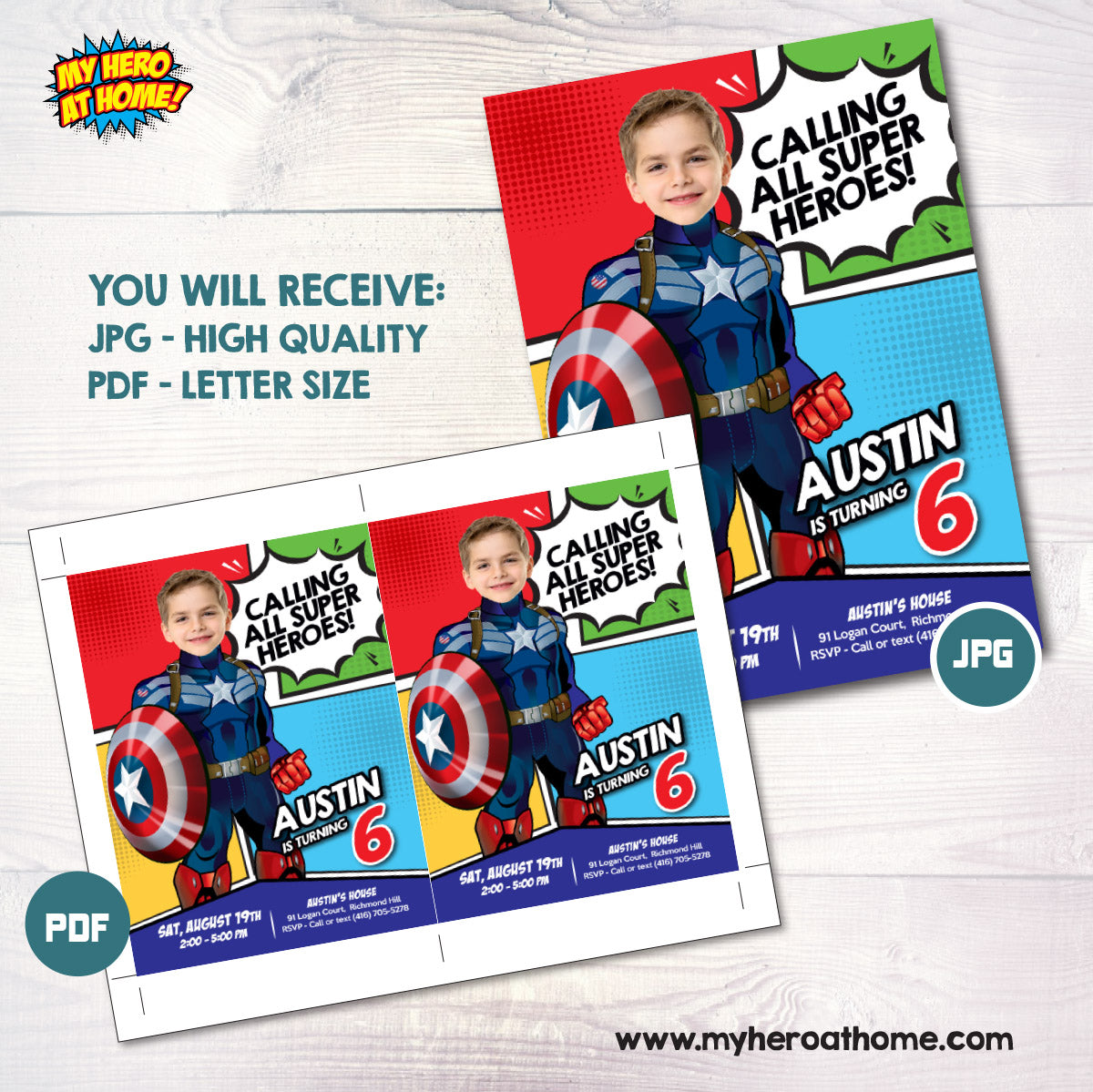 Custom Captain America Birthday Invitation with your kid as the star, Superhero Photo Invite (Digital File). 700IN7
