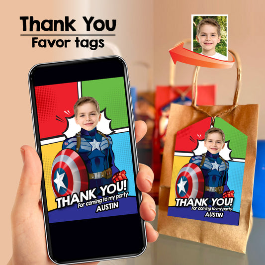 Cartoon Captain America thank you and favor tags featuring child as the Hero. 700TY